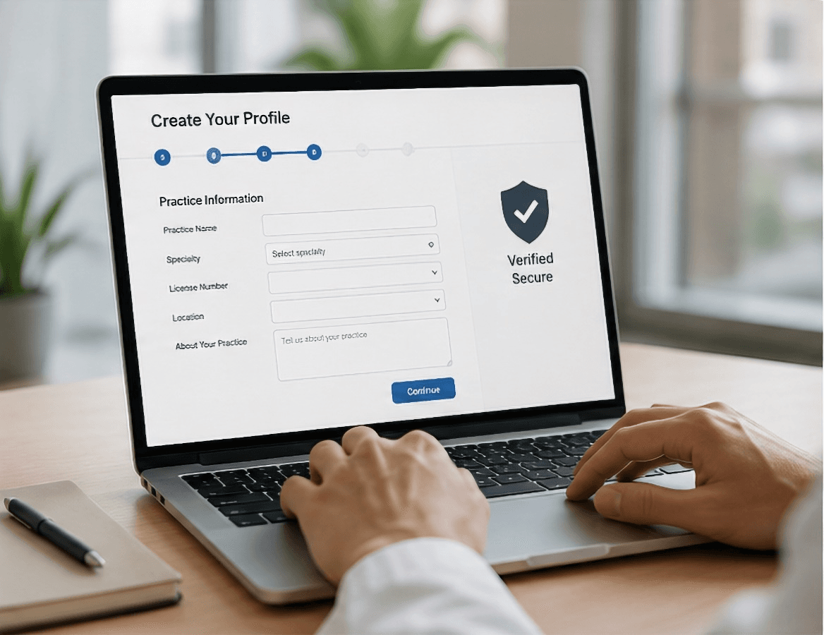 A practitioner creates a verified practice profile on a laptop