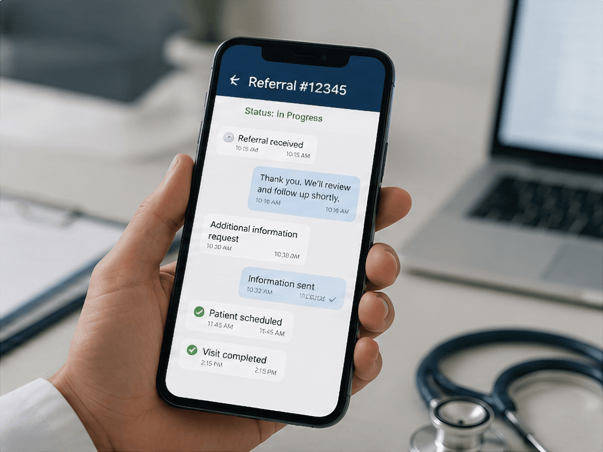 A clinician tracks and chats about a referral on a phone