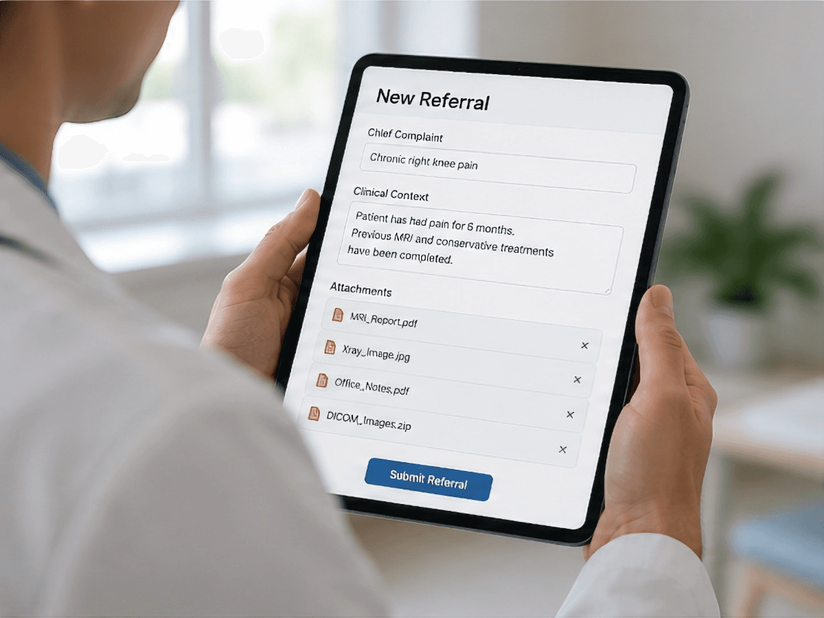 A clinician submits a referral with clinical context on a tablet
